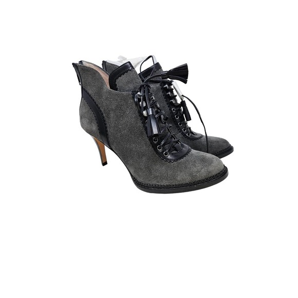 NEW Plenty Tracy Reese Dalida 36 Gray Lace Up Tassel Heel Academia Goth Leather - Picture 3 of 8